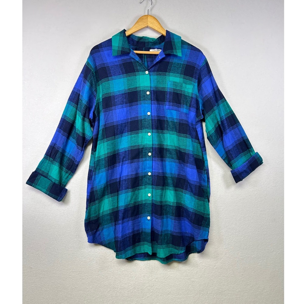 SONOMA Goods for Life Plaid Flannel Tunic Shirt Women XL Blue Green Long Sleeve‎